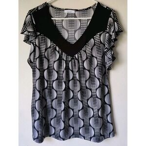 Dressbarn Womens Blouse Black/White Geometric Design Short‎ Sleeve Pullover Sz M